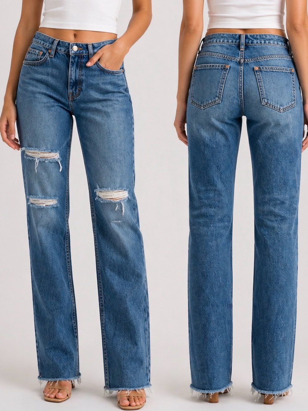 -Topshop Destroyed Raw Hem Straight Blue Jeans Women's Size W28 L30